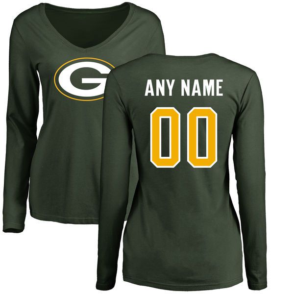 Women Green Bay Packers Green Any Name and Number Logo Slim Fit Long Sleeve Custom NFL T-Shirt